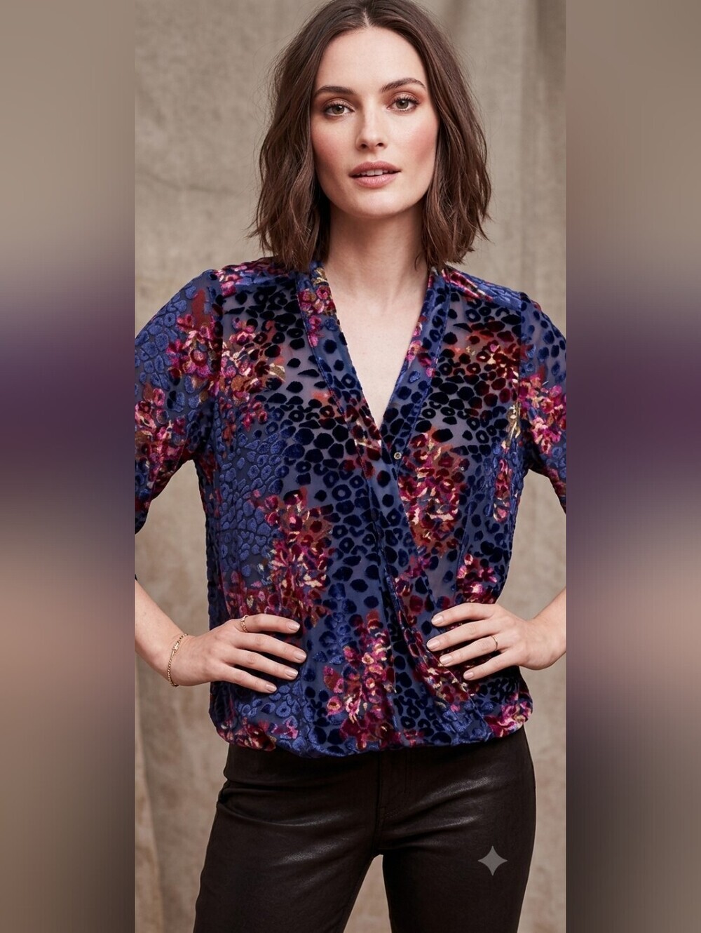 Floreat Anthropologie Floral Print Velvet Burnout Mock Wrap Blouse Large